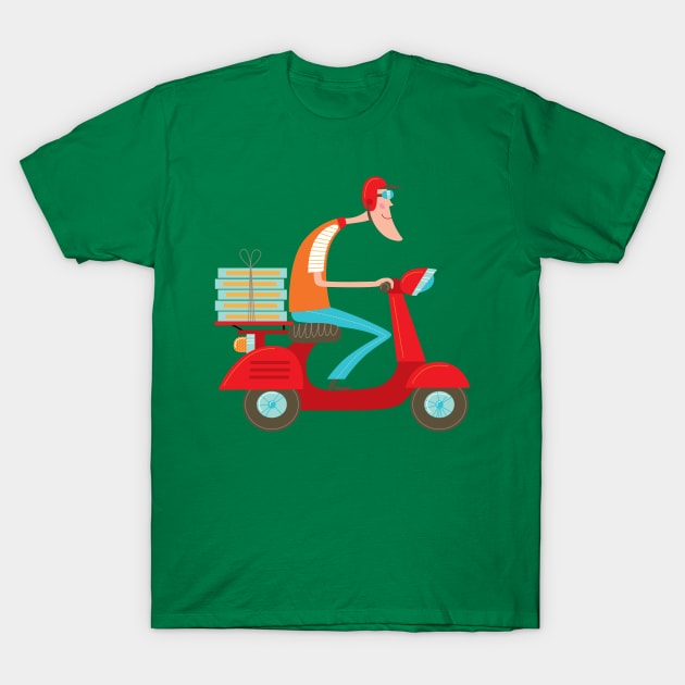 Pizza Delivery Scooter Boy T-Shirt by JunkyDotCom